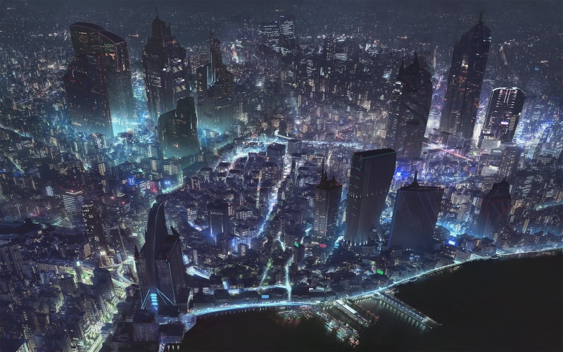 building exterior, futuristic city, modern, illuminated, city, aerial view, city life, escape, science fiction, skyscraper, building, light, night, aerial