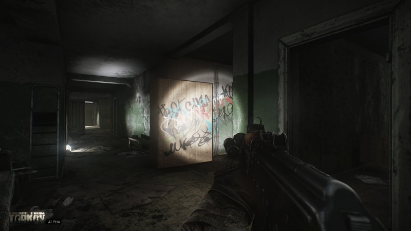 Escape from Tarkov, indoors, first-person shooter, graffiti, door, wall - building feature, video games, War Game, obsolete, abandoned, domestic room, entrance