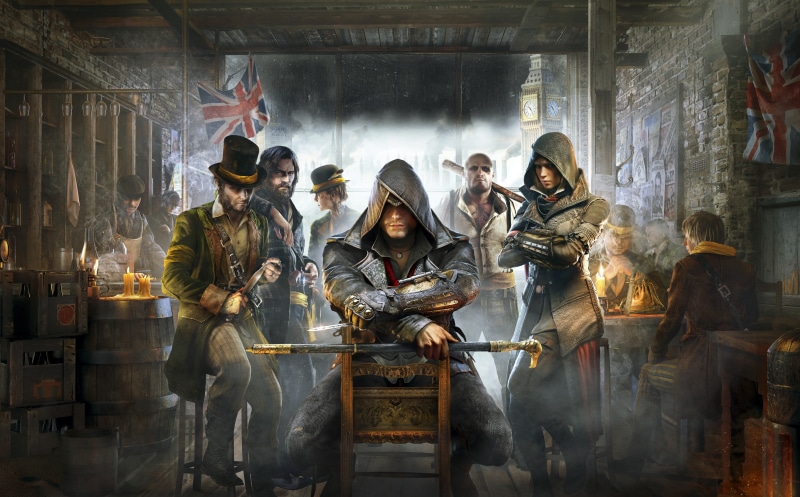 1868, AssassinsCreed, holding, videogame, real people, 2015, Games, men, emotion, group of people, sitting, creed, s, Assassins Creed, syndicate, representation