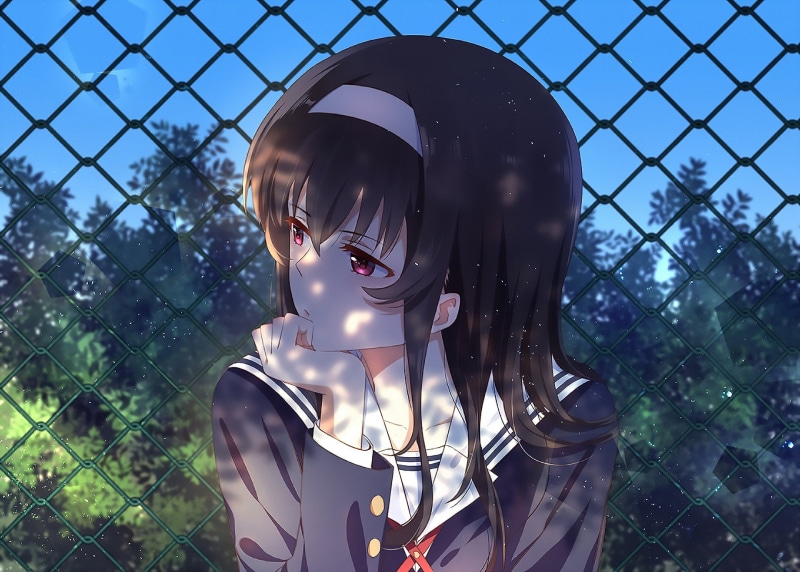 Anime, sunlight, headshot, Saekano: How to Raise a Boring Girlfriend, protection, real people, portrait, day, fence, fashion, lifestyles, Utaha Kasumigaoka