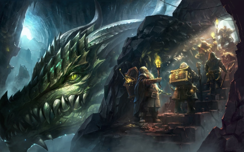 dragon, 1080P, gold, mountain, lineage_antharas, fantasy, art, torch, den, dwarves, Kim Sung Hwan