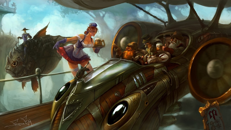 steampunk, dwarf, elf ears, steampunk airship, steampunk girl, fantasy art, beer, dwarves, elves, 1080P