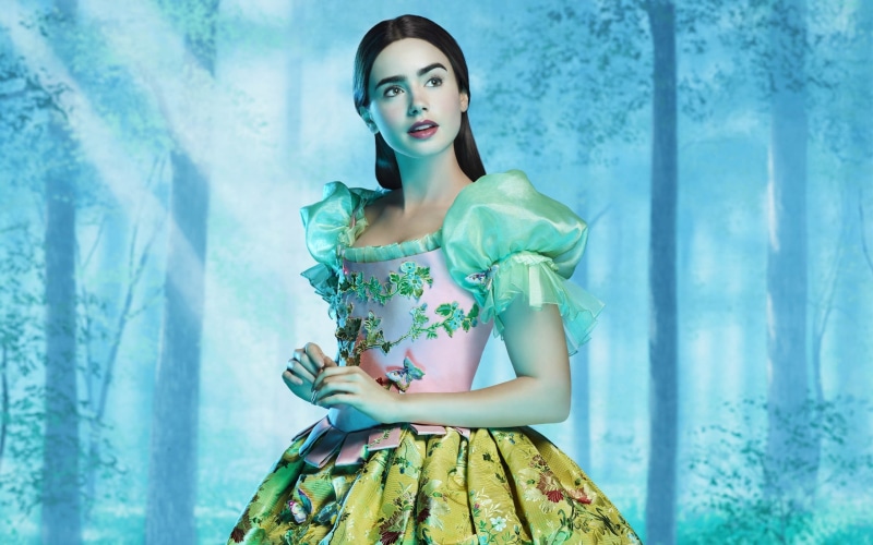 hairstyle, dress, green color, fashion, three quarter length, tale, Revenge of the dwarfs, fashion model, beauty, contemplation, one person, Princess, Lily Collins