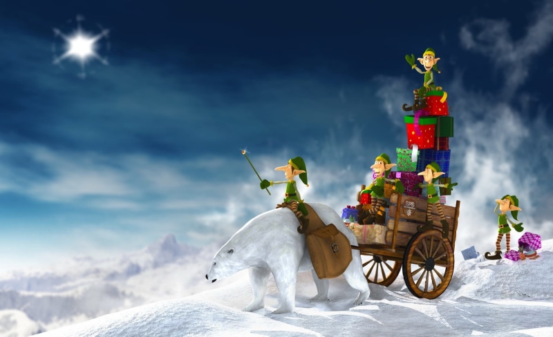 human representation, Artistic, Christmas, Elves, carriage, 3D, mammal, representation, bear, mountain, cold temperature, winter, one animal, cloud - sky