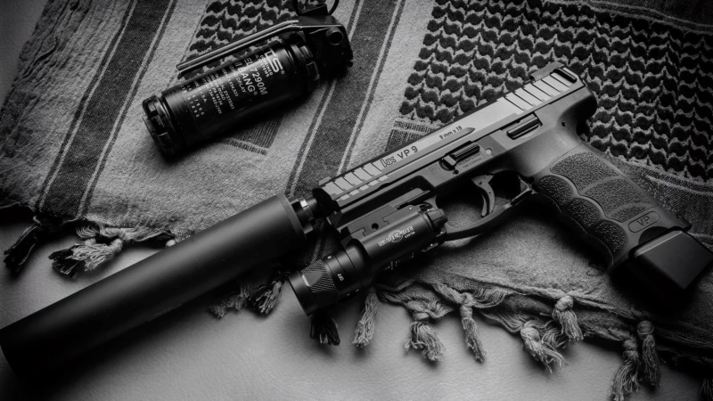 Heckler Koch, weapon, HK VP9 SK, 1080P, Flash-bang, Weapons, pistol, A Stun Grenade, Tactical, gun, silencer, VP9, muffler, Heckler and Koch