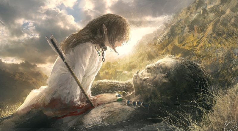 one animal, long hair, dog, pets, sunlight, fantasy art, vertebrate, outdoors, day, canine, one person, mammal, nature, artwork, sky, hair, domestic animals