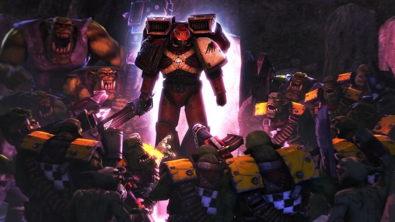 warhammer 40000, space marine, 1080P, WH40K, people, illuminated, male likeness, high angle view, crowd, human representation, group, cartoon, representation