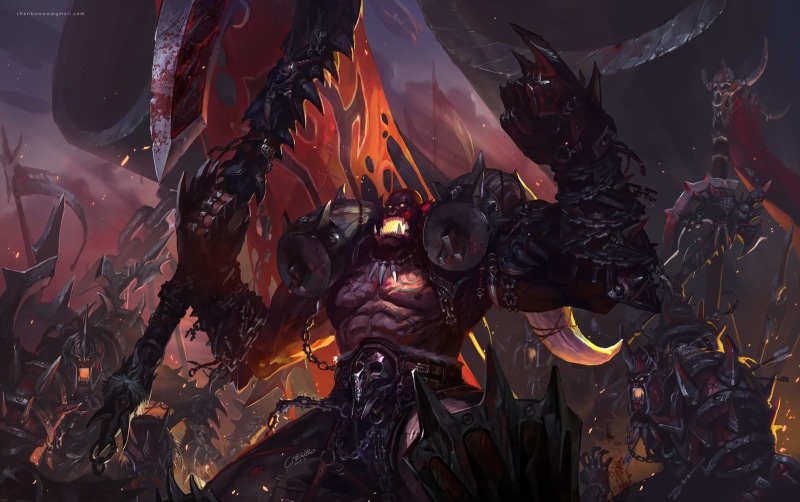 Garrosh Hellscream, weapon, axes, Chenbo, flag, armor, Warcraft, chains, blood, orks, World of Warcraft, fantasy art, 720P
