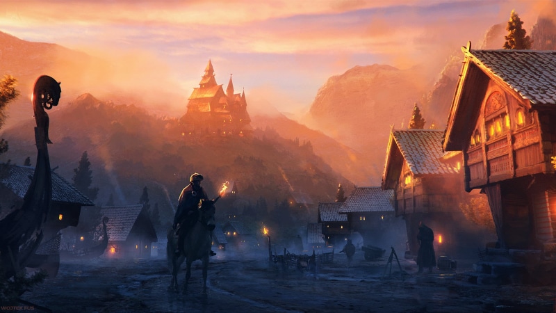 castle, sunset, fantasy city, digital art, fantasy art, mountains, artwork, 1080P, village, medieval