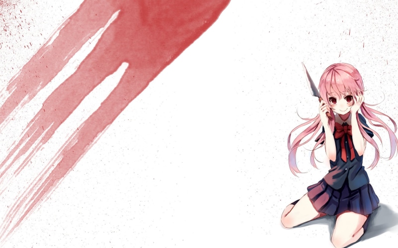 pink, casual clothing, Mirai Nikki, young women, female, miniskirt, hairstyle, anime, females, anime girls, knives, innocence, women, Gasai Yuno, 1080P