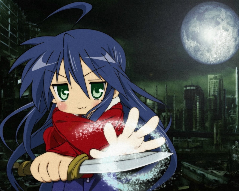 anime girls, Moon, Izumi Konata, 720P, Lucky Star, blue hair, anime, knives