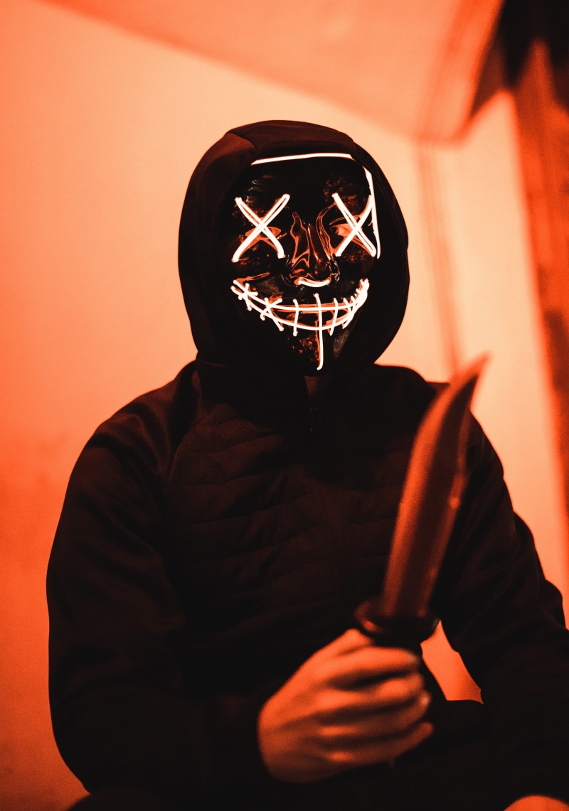lifestyles, composition, knife, waist up, ghost, neon, hood - clothing, portrait, men, real people, knifes, evil, mask - disguise, red, scary, ghost mask