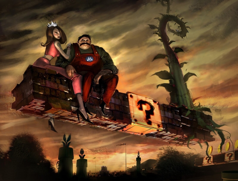 sport, digital composite, sunset, lifestyles, people, art, gritty, males, two people, leisure activity, Super Mario Bros., architecture, 720P, mario, tree