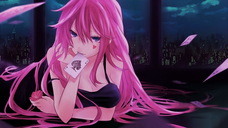 2K, Megurine Luka, playing cards, Vocaloid, cards, pink hair, black dress, blue eyes, anime, anime girls, manga