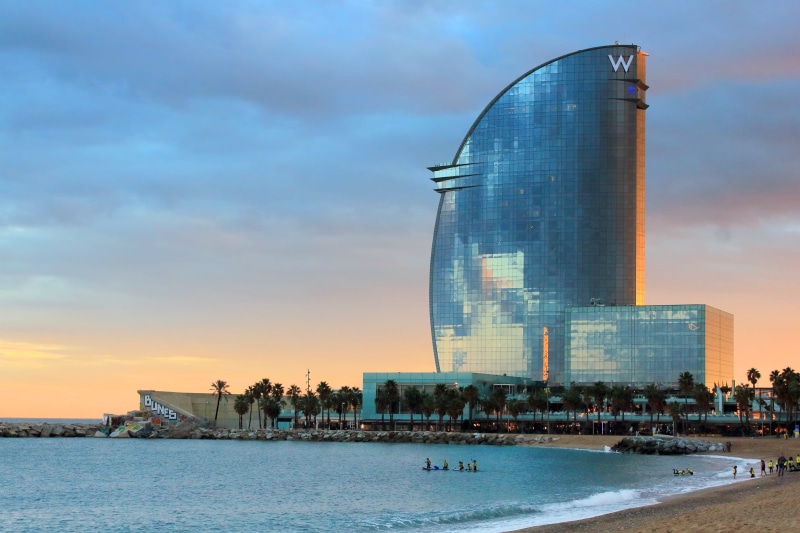 outdoors, sunset, travel destinations, tall - high, cloud - sky, cityscape, spain, barcelona, office building exterior, hotel w barcelona, built structure
