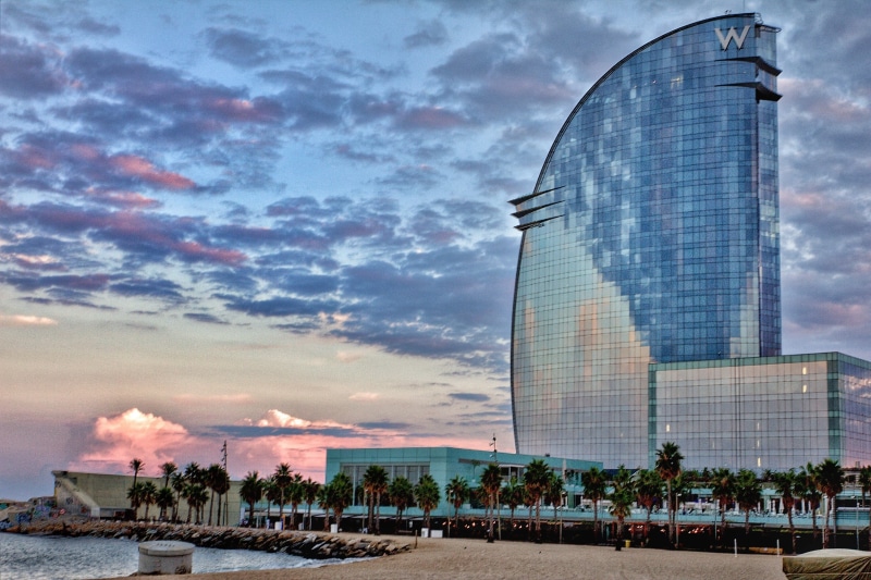 building exterior, office building exterior, modern, skyscraper, barceloneta, cityscape, cloud - sky, no people, financial district, city, office, sunset