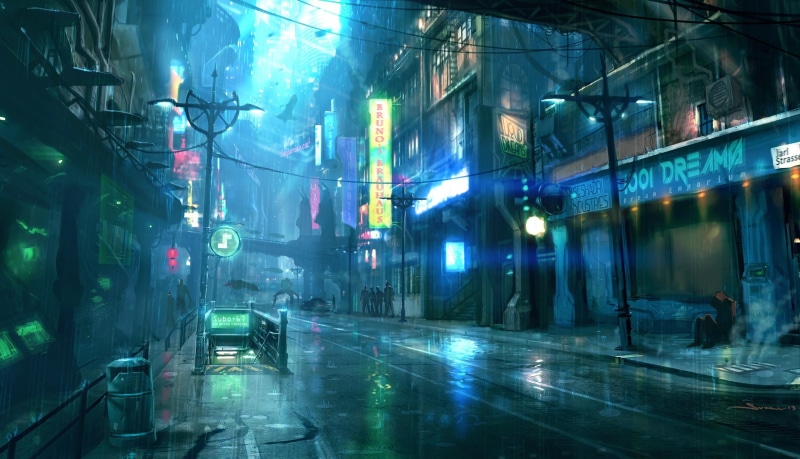 view, art, photography, neon light, light, neon, 1080P, science, digital, digital art, science fiction, street, city, fiction, rain