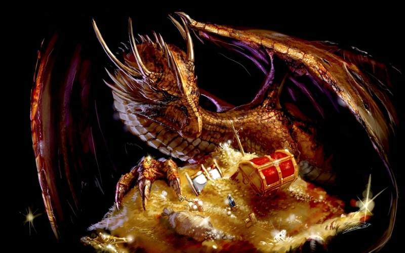 3d and abstract, dragon, guardian, treasure, treasure chest, painting, gold, 1080P, sword