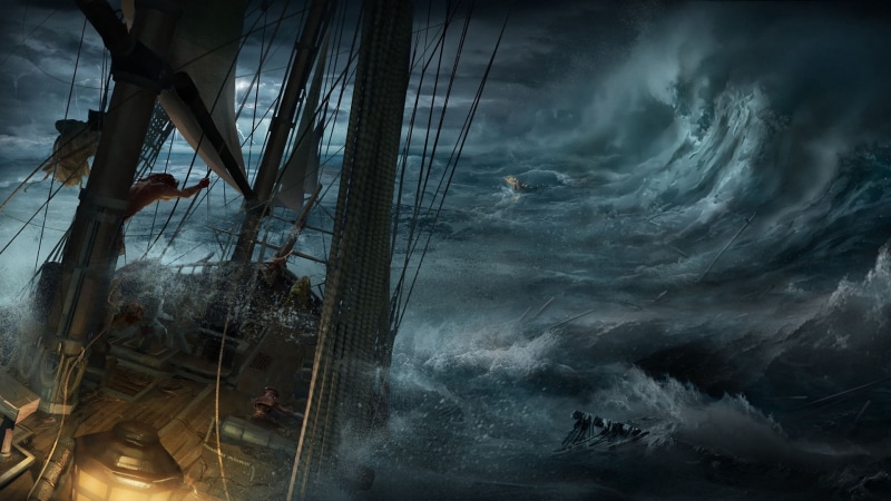 nature, digital art, sailing ship, waves, clouds, 1080P, Assassins Creed III, ropes, water, destruction, sea, storm, dark, sailors, video games