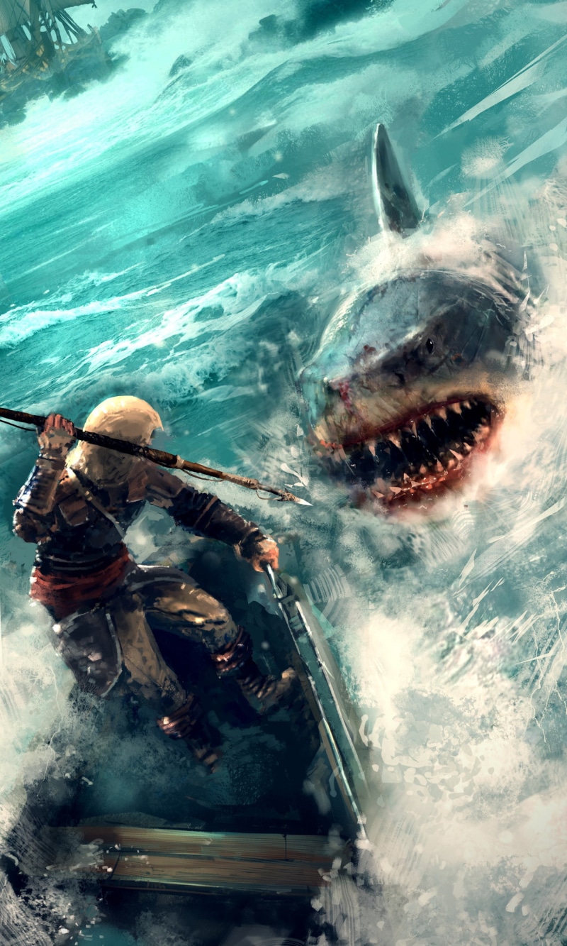 Assassins Creed: Black Flag, assassins creed, Hunter, men, Sailing Ship, boat, video games, drawing, Harpoons, fangs, shark, Jan Urschel, sea, digital art