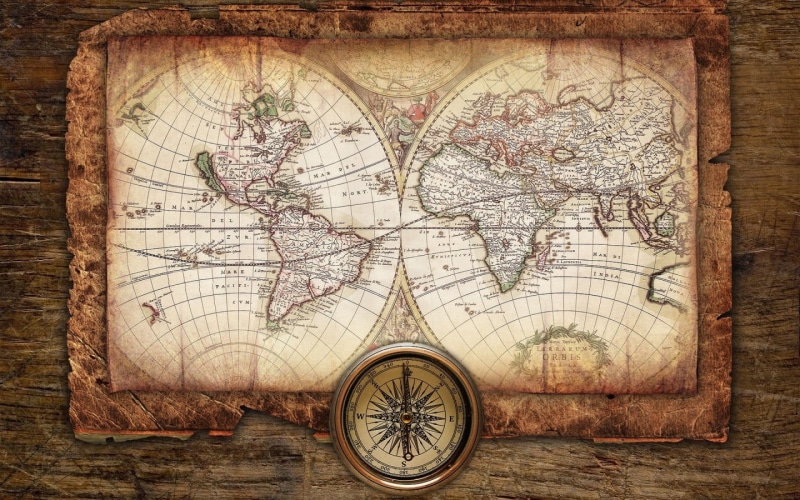 world, guidance, exploration, mappemonde, the past, no people, travel, old, direction, 720P, brown, textured effect, map, wood - material, navigational compass