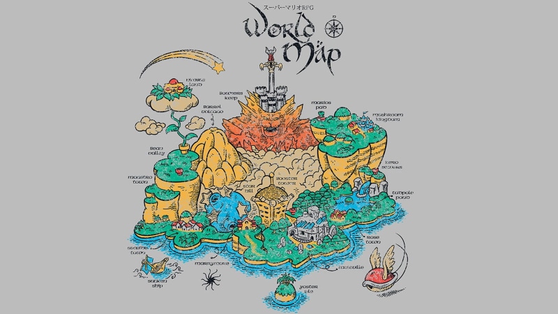 Super Mario RPG, illustration, video games, creativity, communication, abundance, map, pattern, indoors, innovation, white background, multi colored, no people
