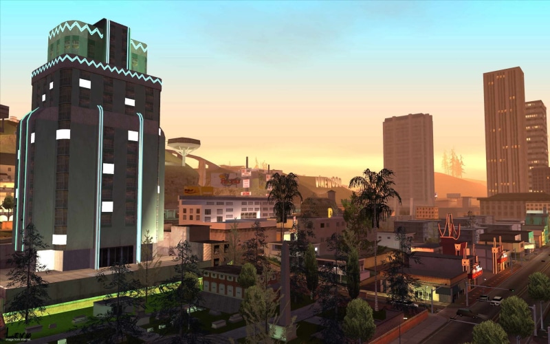 outdoors, street, building, skyscraper, tall - high, apartment, city, plant, Grand Theft Auto: San Andreas, cityscape, 1080P, residential district, sunset
