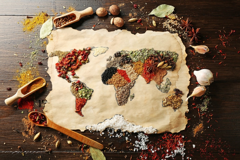spice, indoors, food, map, high angle view, spicies, preparation, food and drink, table, art and craft, directly above, close-up, world, spices, still life