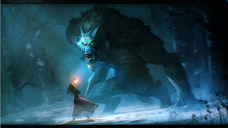 girl, bigwolf, blacktime, fantasyforest, wold, art, 1080P, scary, redhood