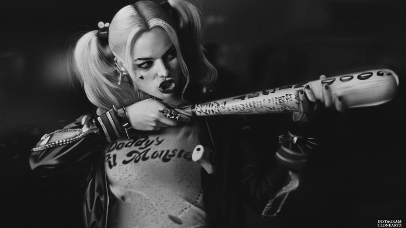 Harley Quinn, Margot Robbie, monochrome, 1080P, Suicide Squad