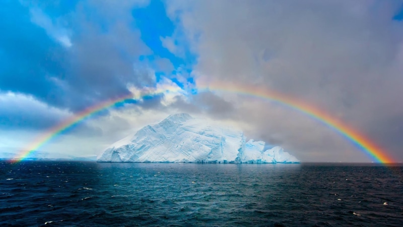 ocean, phenomenon, sunlight, south pole, ice, sky, daytime, rainbow, iceberg, antarctic ocean, antarctica, water, horizon, meteorological phenomenon, antarctic