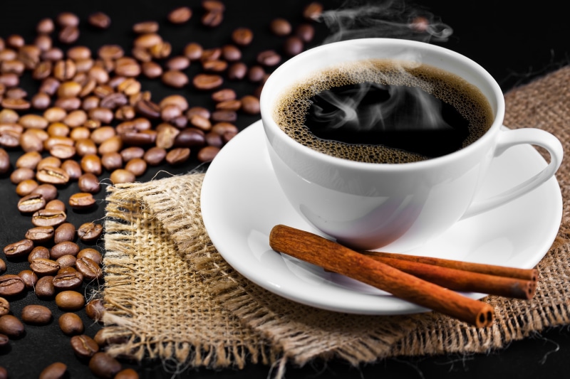 coffee, non-alcoholic beverage, round, ceramic, cup, freshness, drink, roasted coffee bean, espresso, crockery, jute, cinnamon, close-up, grained, coffee Bean