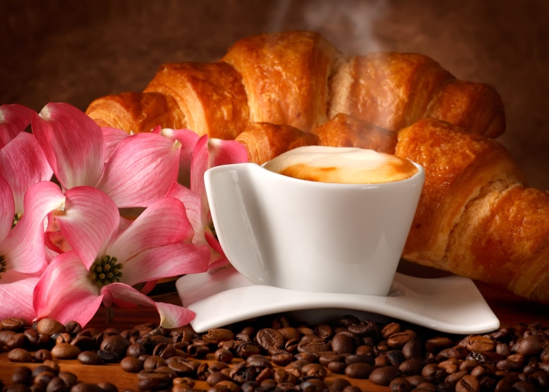 pastry, flower, wood - Material, backgrounds, table, latte, flowers, croissants, cup, espresso, indoors, refreshment, dogwood, brown, breakfast, dessert