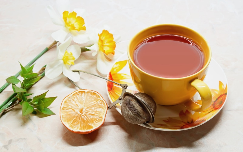 crockery, kitchen utensil, gourmet, orange, table, dessert, still life, coffee - Drink, leaf, lemon, fruit, food and drink, tea Cup, tea, sweet Food, flower