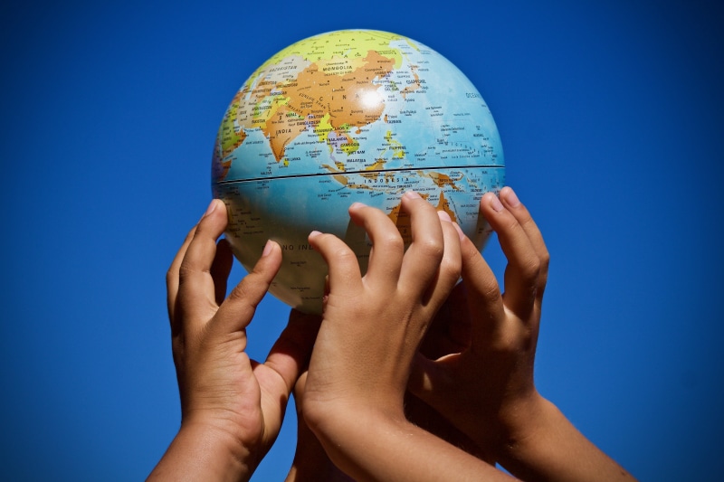 global communications, blue, hands, space, map, holding, boys, continents, sphere, union, planet - space, 5K, lifting, brotherhood, physical geography