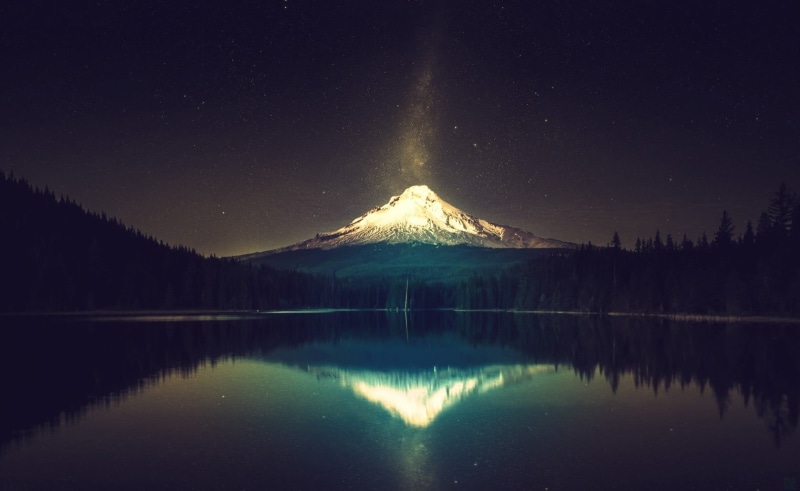 forest, space, galaxy, space and astronomy, water, astronomy, star - space, snow, winter, mountain peak, stars, 720P, reflection, mountain, no people