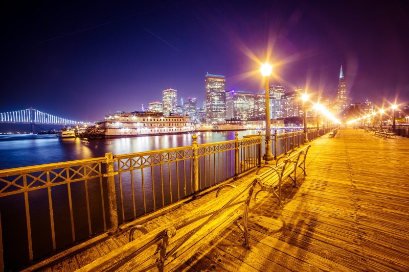 twilight, 4K, blue, urban Skyline, building, sky, bench, railing, sf, dusk, skyscrapers, illuminated, skyscraper, urban Scene, Pier, nature, francisco