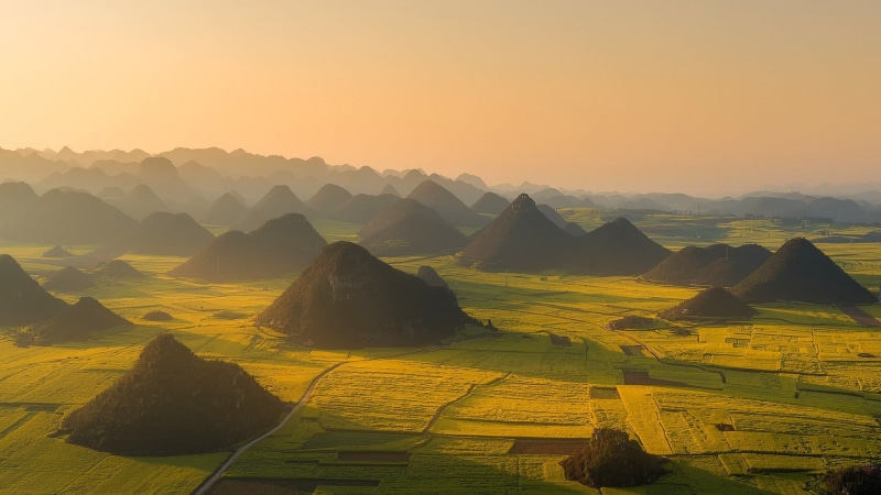 no people, road, landscape, tranquility, China, sunset, aerial view, tranquil scene, mountains, aerial, scenics - nature, green, yellow, mist, mountain range