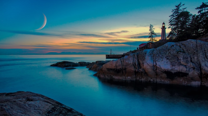 lighthouse, BC, Blue Hour, Sunset, beach, near, Lighthouse Park, 4K, Shoreline, Clouds, Night, Landscape, nature, West Vancouver  British Columbia, Scene
