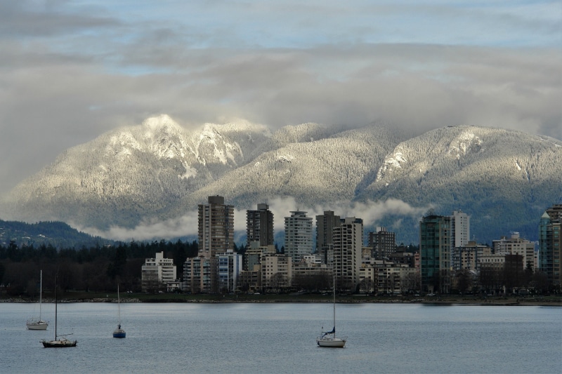 panorama, north shore mountains, buildings, skyline, building exterior, urban, british columbia, snow, cold temperature, sky, no people, office building exterior