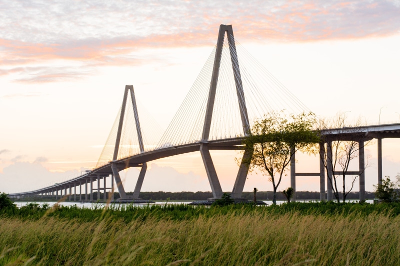 skyline, 5K, harbor, ravenel, plant, south carolina, dusk, sea, night, evening, ocean, landmark, town, South, Bridge, famous Place, architecture And Buildings