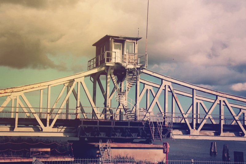 antique, iron construction, drivers cab, nature, building exterior, support column, support, metal, iron, railway, water, gravity load, holiday, steel structure