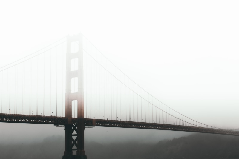 areal, sea, sky, travel, 5K, tourism, suspension Bridge, bridge, fog, built structure, cloud, transportation, copy space, uSA, outdoors, Golden Gate Bridge