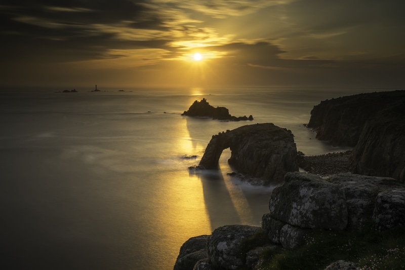 gray mountain, sea, sony, rock - Object, 5K, gray, campbell, beside, mountain, jones, uk, Golden, scenics, sunset, coastline, lands  end, landscape, sea  coast