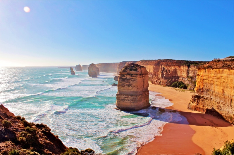 sky, wave, travel, environment, 4K, no people, sea, tranquility, great ocean road, apostle, rock formation, clear sky, land, nature, beach, natural, cliffs
