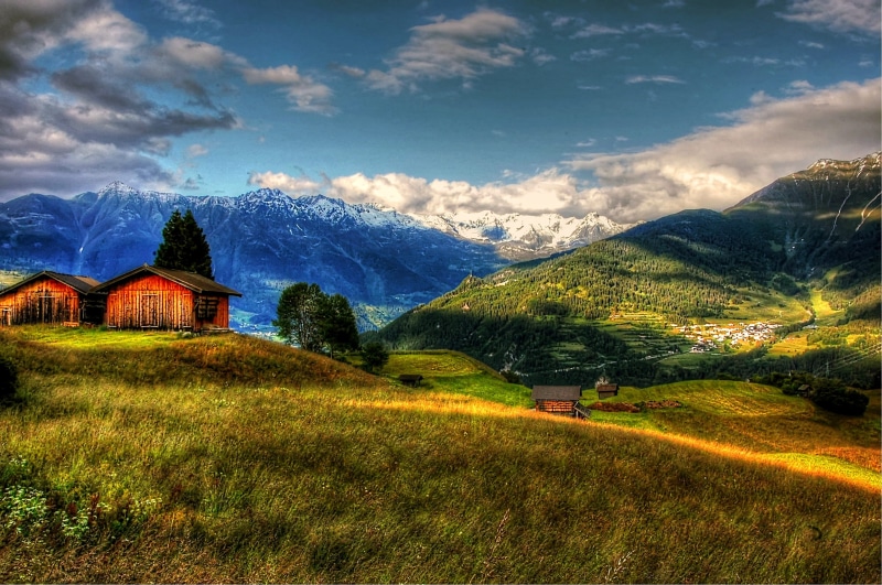 Austria, mountain landscape, sky, field, scenics, sunlight, beauty In Nature, architecture, scenics - nature, village, hill, rest, tranquil scene, summer