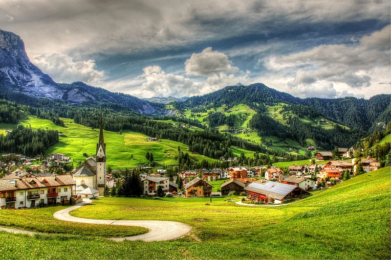 idyllic, mountain, village, sky, clouds, building exterior, no people, summer, mountain range, view, alpenpanorma, nature, tree, green color, alta badia