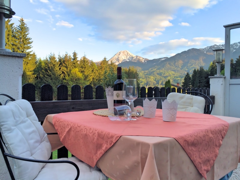 chairs, no people, austria, chair, outdoors, furniture, wine glass, sky, tablecloth, clouds, plate, table, absence, tree, Holiday, place setting, view