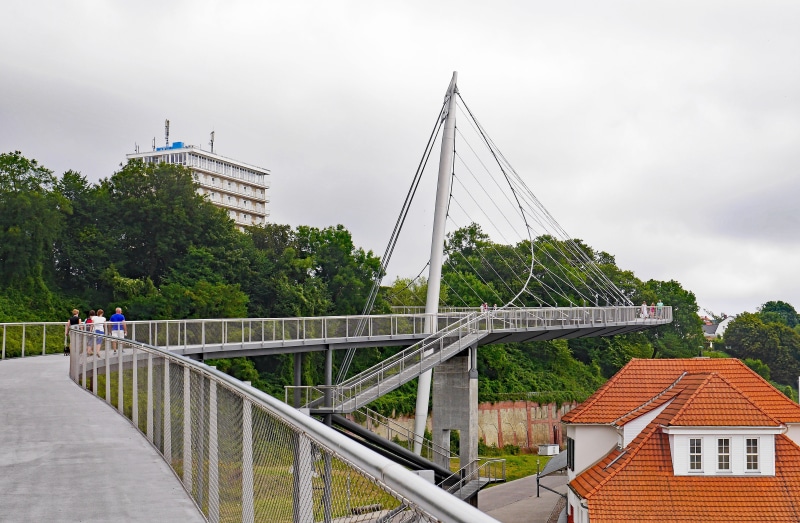pedestrians dough, city, steel cables, suspension bridge, the upper city, sky, tree, day, built structure, plant, rügen island, building, building exterior