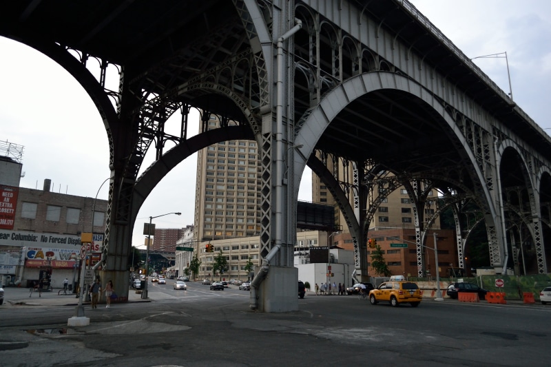 buildings, people, track, harlem, traveler, car, city, mode of transportation, overpass, transit, day, built structure, strong, sturdy, incidental people